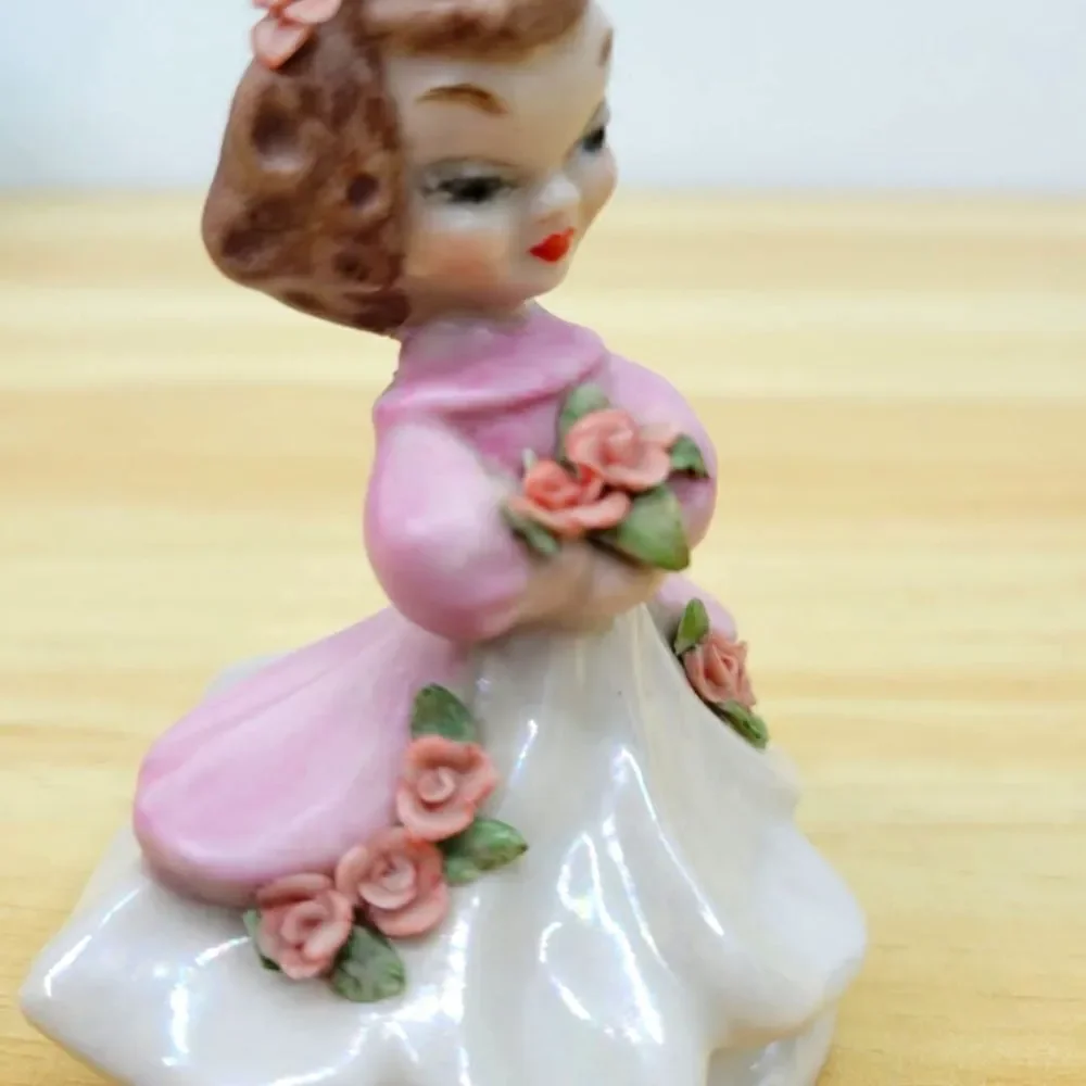 Vintage Pink & Lustery Girl with Applied Flowers Ceramic Figurine